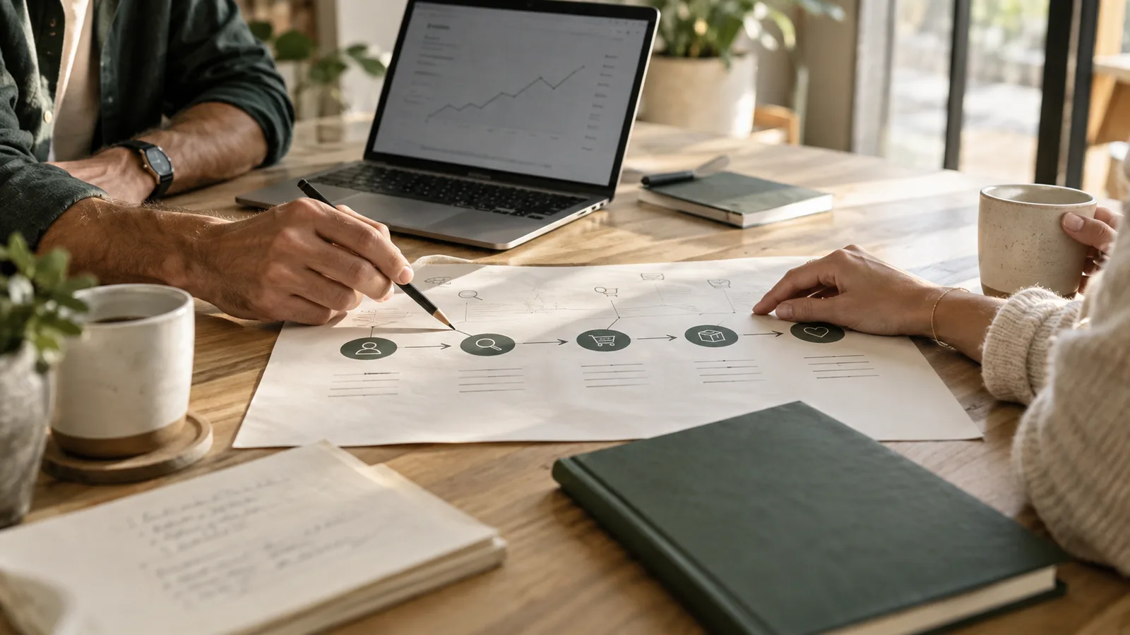 A planning session at a table, with a customer journey mapped on paper A planning session at a table, with a customer journey mapped on paper