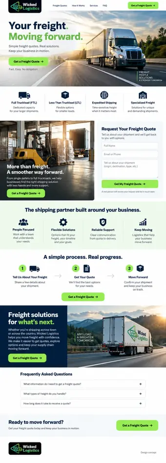 Wicked logistics landing page built by Dead River