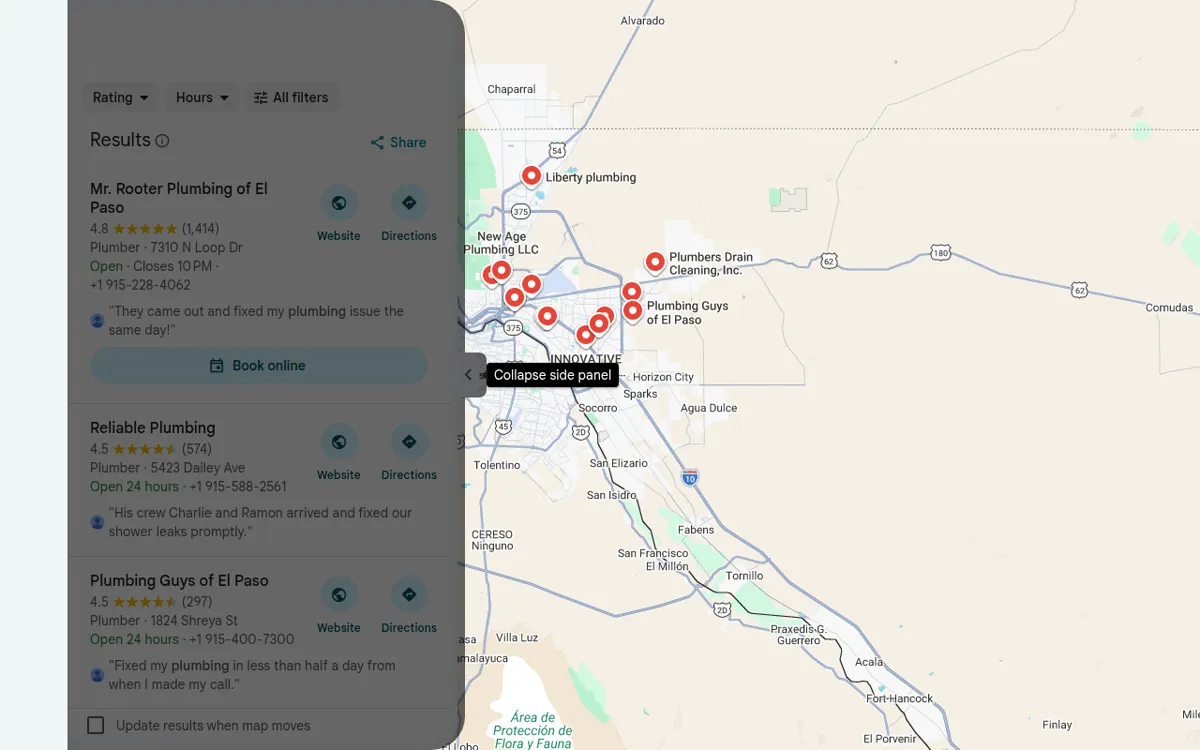 Google Maps search results for a local service